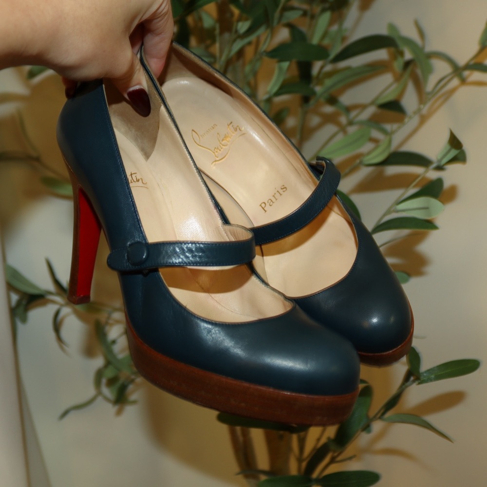 SOLD - Vintage Christian Louboutin Wood Teal Blue Leather Mary Jane Heels